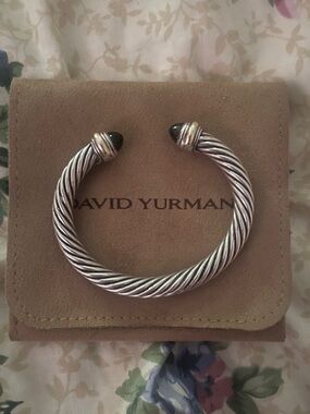 David Yurman Silver Cable Cuff Bracelet with Black Tips